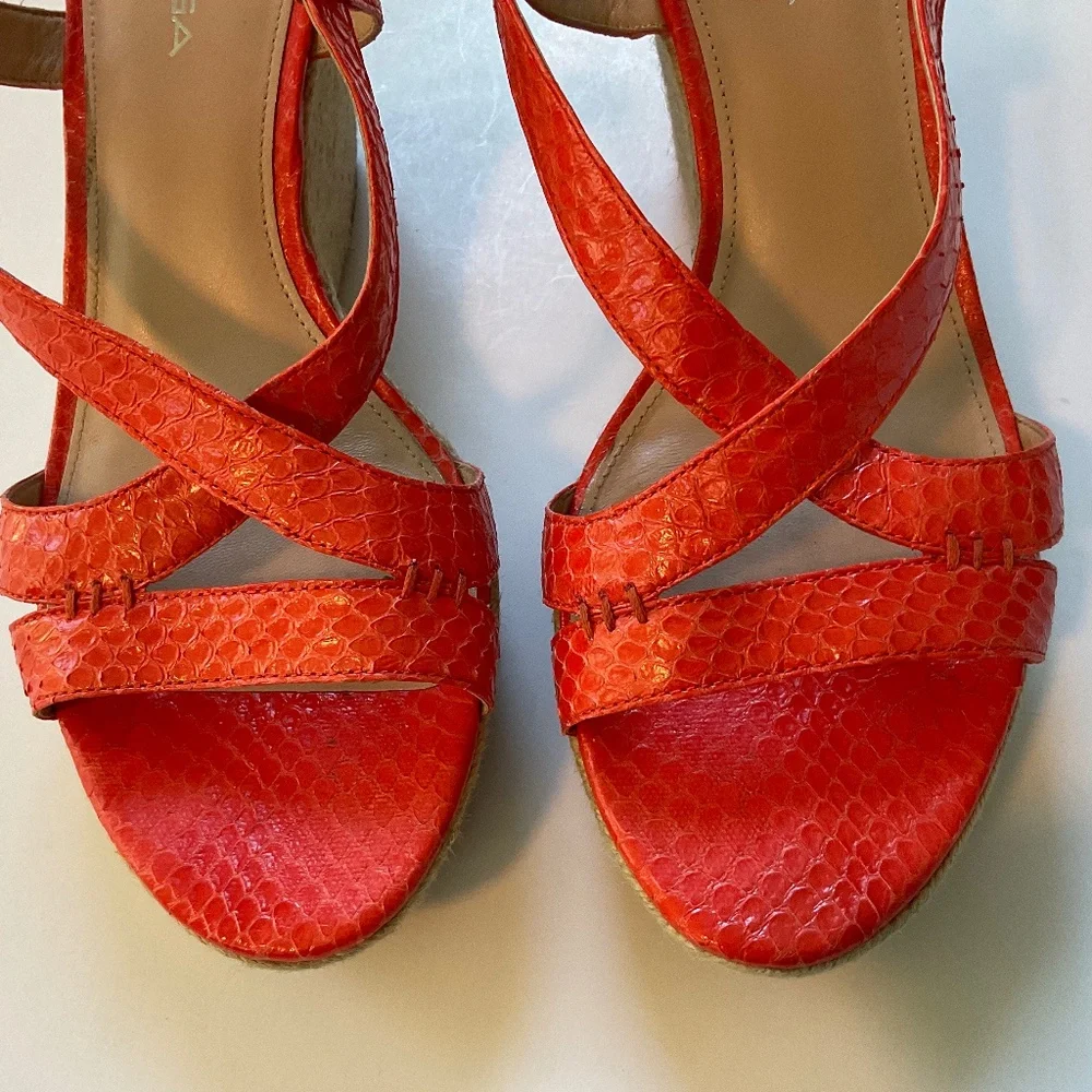 VIA SPIGA Wendi Crisscross Orange Snake Embossed Leather Wedge Sandal Size  8.5